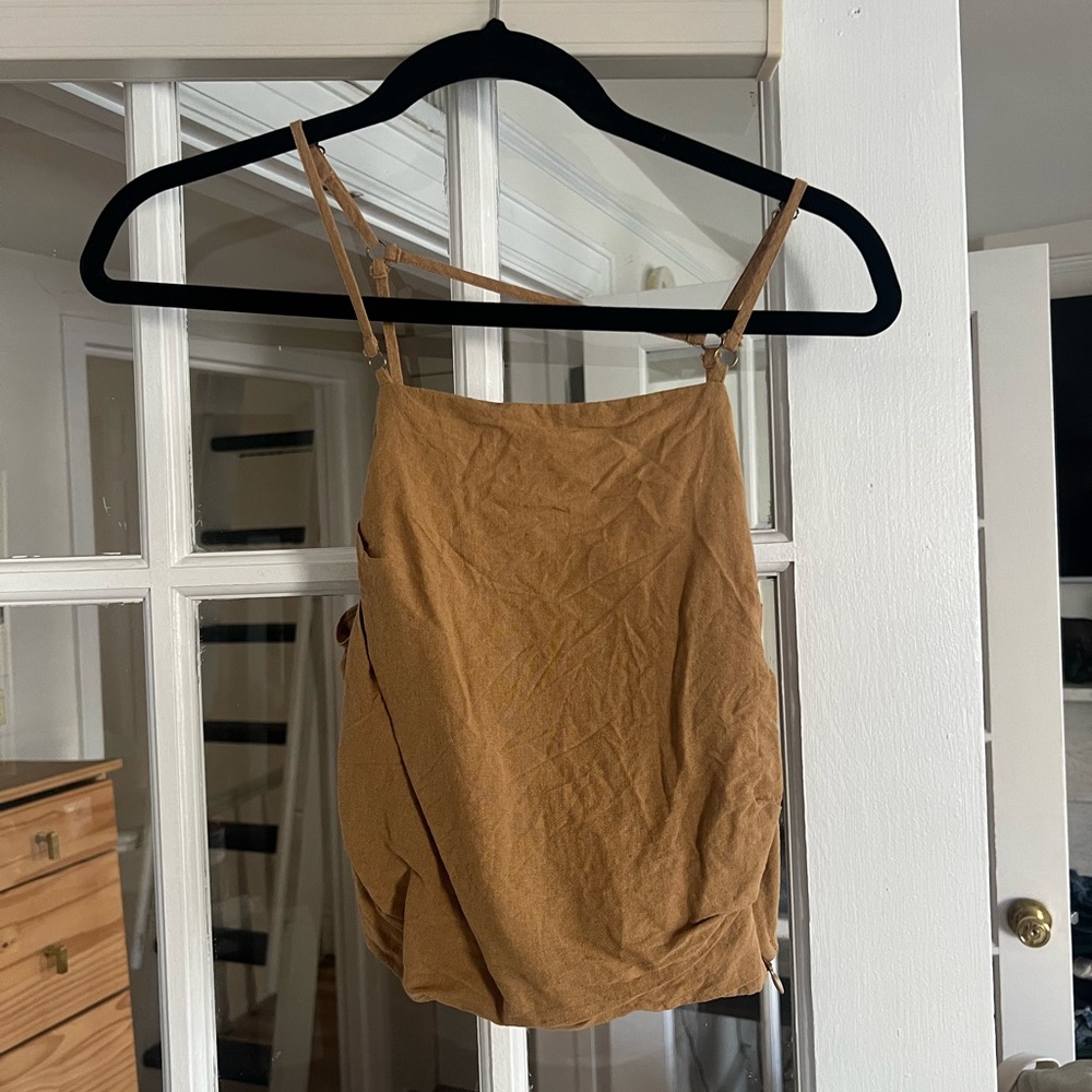 ZARA Tan Camel Brown Linen Square Neck Spaghetti Strap Cropped Tank Top